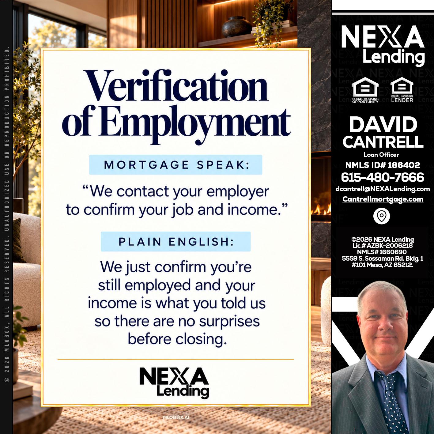 VERIFICATION OF EMPLOYMENT - David Cantrell -Loan Officer